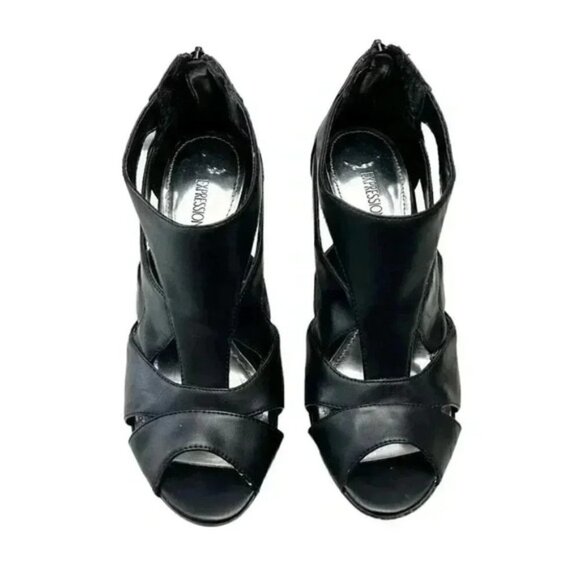 Expression Chunky Platform Caged High Heel Y2K Shoes Black Faux Leather Size 7 - Picture 3 of 16